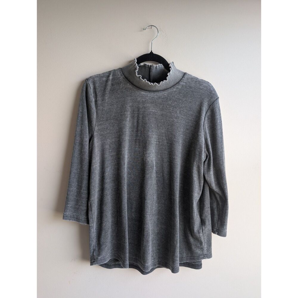 Women's 1X gray ribbed mock neck ruffle trim 3/4 sleeve tunic top relaxed fit